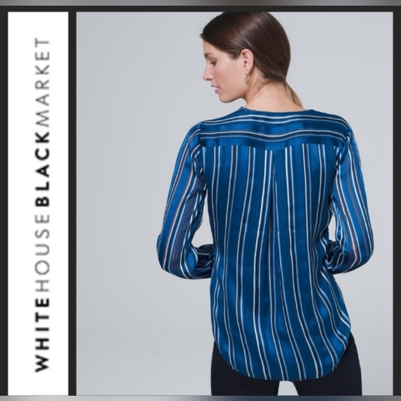 WHITE HOUSE BLACK MARKET Blue Striped Surplice Blouse- Size M - Picture 4 of 8